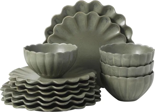 Miniatura 21 de Gibson Elite Peach Orchard 12-Piece New Bone China Dinnerware Set Service for 4, Embossed Fluted Plates and Bowls, Dishwasher and Microwave Safe