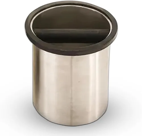 Rattleware Caja redonda de acero inoxidable de alta calidad (6.25 x 7.5 pulgadas), solución de eliminación de granos de café expreso cerrada, que
