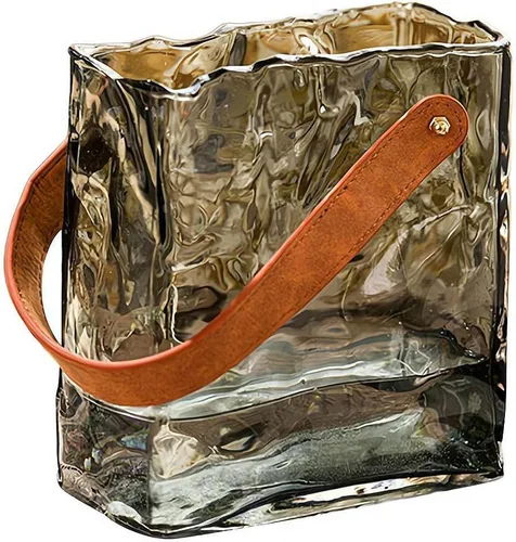 Miniatura 11 de Jarrón de cristal para flores, jarrones transparentes para centros de mesa, florero de bolsa con mango de cuero para decoración de bodas