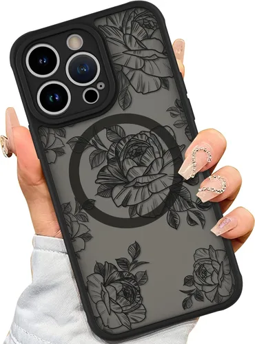 Miniatura 7 de AIGOMARA Funda para iPhone 13 Pro Max [compatible con MagSafe] Diseño de patrón floral de flores negras para mujeres y niñas, TPU suave, parte