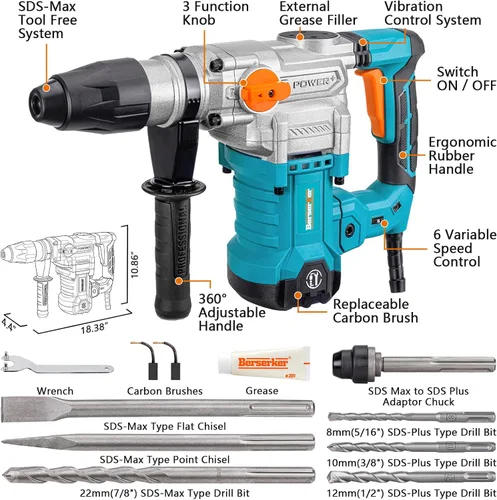 Miniatura 2 de Berserker SDS-Max - Rotomartillo de 1-9/16" de servicio pesado con control de vibración, embrague de seguridad, 13 amperios, 3 funciones