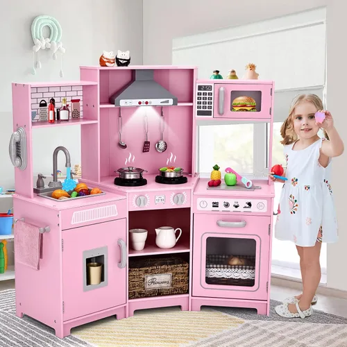 Miniatura 7 de JOYLDIAS Cocina de Juego para Niños, Set de Juguetes de Cocina de Madera de Esquina de Mentira para Niños Pequeños con Luces y Sonidos Realistas