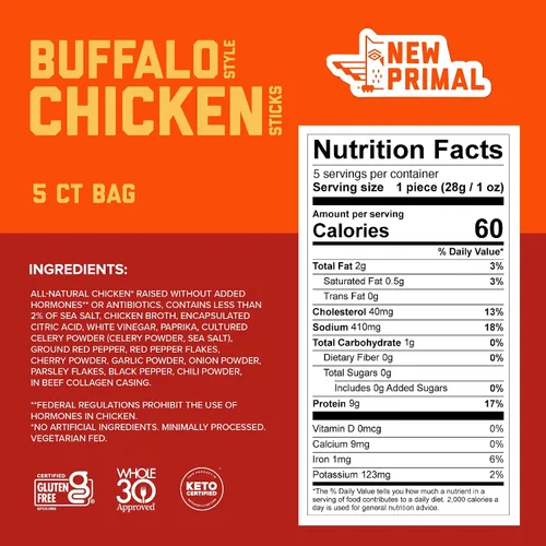 Miniatura 2 de New Primal Buffalo - Palitos de pollo Keto, bocadillos saludables sin gluten, sin azúcar, bajos en carbohidratos, altos en proteínas, carne seca