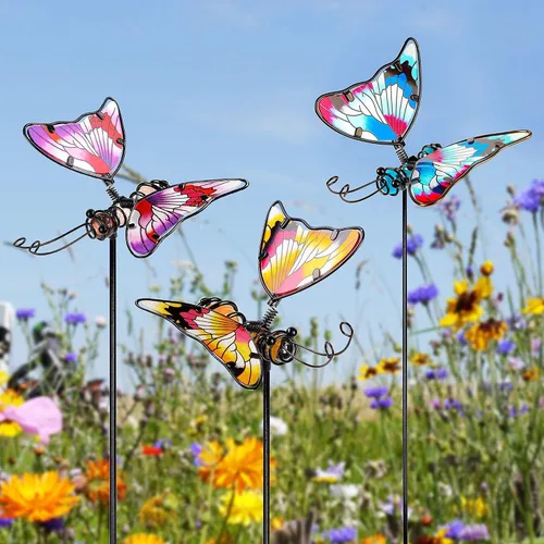 Miniatura 7 de Juegoal Juego de 3 estacas de jardín de mariposas, estacas de mariposas coloridas de 20 pulgadas, adornos artísticos de vidrio y metal para patio