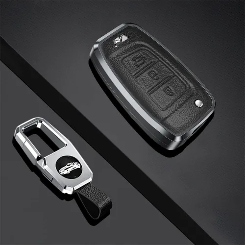 Miniatura 3 de SANRILY Marco de aleación de aluminio y funda de cuero genuino para llavero Hyundai I30 Kona 2017 en adelante, Veloster 2018 sin llave, protección