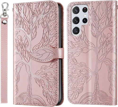Funda tipo cartera para Samsung Galaxy S22 Ultra con tarjetero/ranura, soporte de cuero con tapa y cierre magnético, correa de muñeca con función
