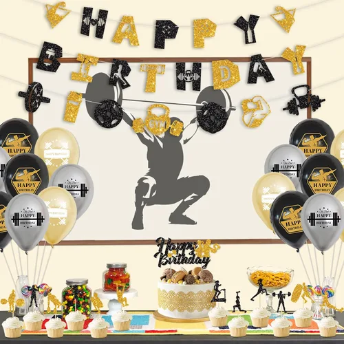 Miniatura 3 de KEFAN Decoraciones de fiesta de cumpleaños de gimnasio, suministros de fiesta temática de fitness negro y dorado con globos de látex, decoración