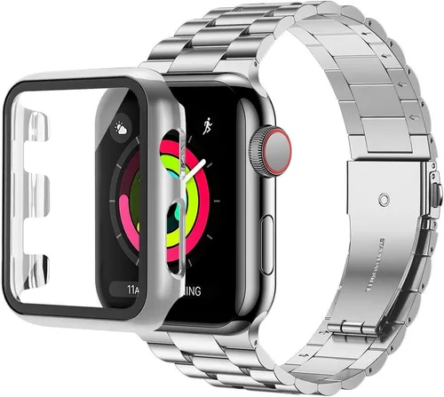 baozai Compatible con Apple Watch Band de 1.496 pulgadas con funda, correa para iWatch de acero inoxidable con funda protectora de pantalla de