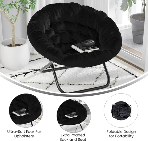 Miniatura 5 de EMMA + OLIVER Ersa - Silla plegable de gran tamaño de 38 pulgadas con tapicería de piel sintética acogedora en negro con marco de metal negro