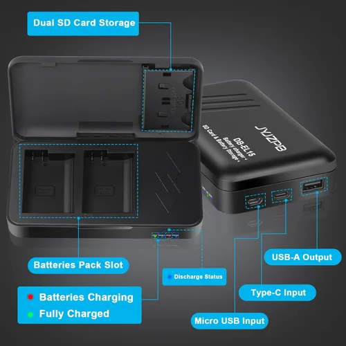 Miniatura 2 de JYJZPB EN-EL15C EN-EL15 Estación de almacenamiento de cargador de batería con ranuras para tarjetas SD USB-C Dual Charger Case with USB Output and