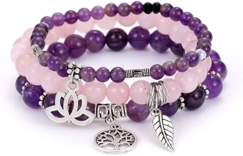 UEUC - Pulseras Reiki, apilables, de piedras curativas, cristales, con dije del árbol de la vida, yoga y hoja de loto, contra la ansiedad y para el
