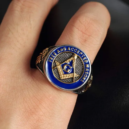 Miniatura 2 de IFUAQZ Anillo masónico de acero inoxidable para hombre con símbolo de masones de oro azul libre y aceptado, Metal, Sin piedras preciosas