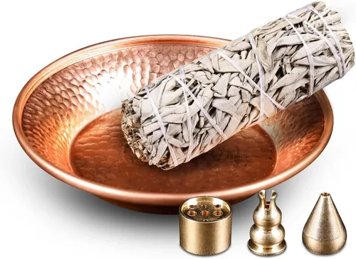 Juego de soporte para quemador de incienso de cobre, cuenco de cobre martillado para uso en altar, plato de joyería, rituales, incienso, manchas y