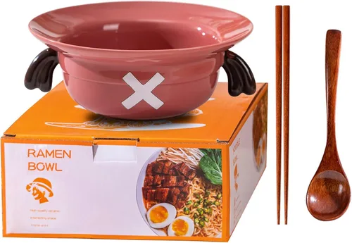 Tazón de ramen con sombrero de paja (tazón de cerámica + cuchara de madera + palillos) para fanáticos del anime