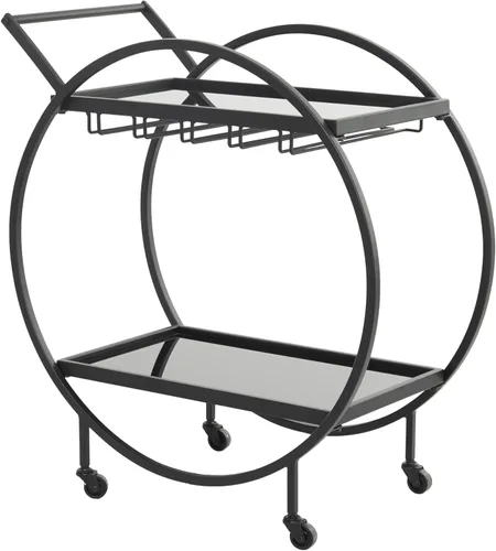 Miniatura 2 de Deco 79 Carrito de barra con 2 estantes de espejo con almacenamiento de copa de vino y asa, 28 x 14 x 31 pulgadas, negro