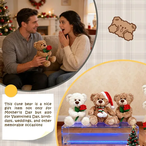 Miniatura 7 de Muñeca de oso de peluche de 12 pulgadas con rosa, juguetes de animales de peluche suaves para regalos de decoración del hogar para ella/novia