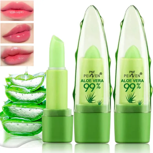 Paquete de 2 lápices labiales de aloe vera, bálsamo labial nutritivo y regordete, bálsamo labial hidratante mágico que cambia de color, brillo de