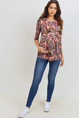 Miniatura 37 de LaClef - Blusa de maternidad para mujer, cuello redondo, manga 3/4, plisada al frente, estilo peplum