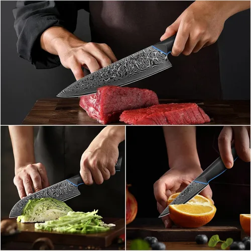 Miniatura 5 de Juego de cuchillos de cocina de 3 piezas, juego de cuchillos de chef ultra afilados forjados de acero japonés de Damasco de 67 capas, juego