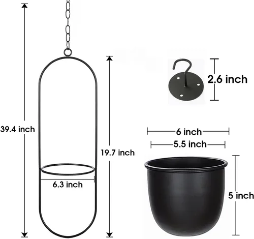 Miniatura 4 de Shineloha - Paquete de 2 macetas colgantes para plantas de interior con maceta de 5.5 pulgadas + gancho de techo, maceta colgante negra, colgador