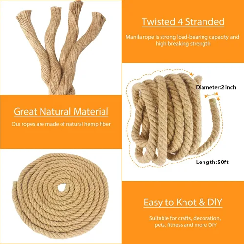 Miniatura 4 de Cuerda de Manila de 2 pulgadas x 50 pies, cuerda de cáñamo gruesa de 4 hebras trenzadas, cáñamo natural para manualidades de servicio pesado