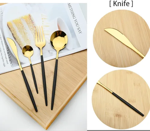Miniatura 5 de Juego de cubiertos Cuchillo de cena Postre Tenedor Cuchara Juego de vajilla de acero inoxidable Vajilla de cocina 4 piezas Negro
