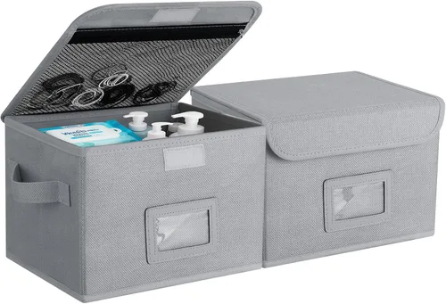 Miniatura 6 de Caja de almacenamiento pequeña, cesta de almacenamiento con tapa, caja plegable de tela de lino de algodón, contenedor organizador con cremallera