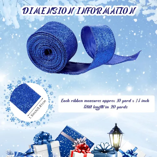 Miniatura 2 de 2 Rollos 20 Yardas Cinta de Navidad con Alambre Cinta Gruesa con Purpurina Cinta Metálica con Alambre para Envolver Regalos Cinta de Árbol