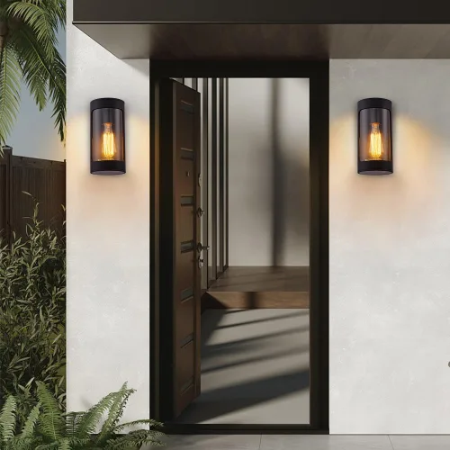 Miniatura 5 de Cerdeco Luces de pared negras para exteriores, luz cilíndrica de aluminio para porche con vidrio transparente, apliques de pared modernos