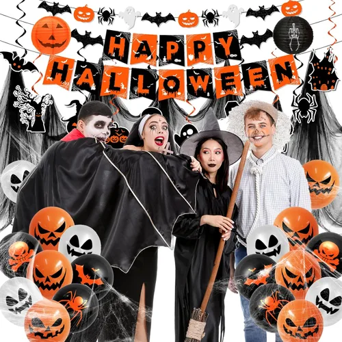 Miniatura 2 de Decoraciones de Halloween, decoraciones de fiesta de Halloween naranja y negro, remolinos colgantes, pancarta de araña de fantasma y murciélago
