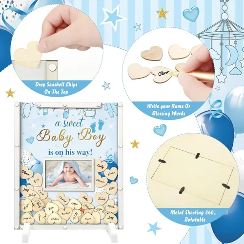 Miniatura 4 de Beeveer 65 piezas de libro de invitados para baby shower, libro de invitados azul para baby shower, libro de invitados con marco de fotos y 60 chips