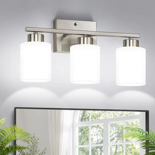 Lámparas de baño de níquel cepillado con pantallas de vidrio esmerilado, luces de tocador de 3 luces que cuidan la vista para baño, luces de tocador