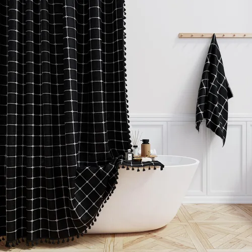 Miniatura 24 de BTTN Juego de cortinas de ducha estilo bohemio de granja con borlas, tela rústica de lino resistente, repelente al agua, cortinas de ducha gruesas A