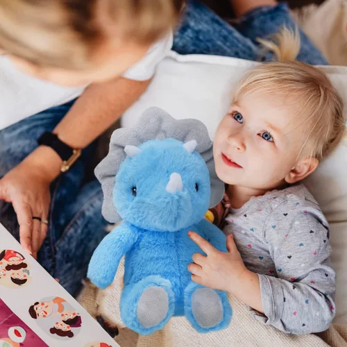 Miniatura 5 de VANLINNY Animales de peluche de dinosaurio, juguete de dinosaurios azules para niños de 3 a 5 años, bonito peluche de triceratops de 9 pulgadas