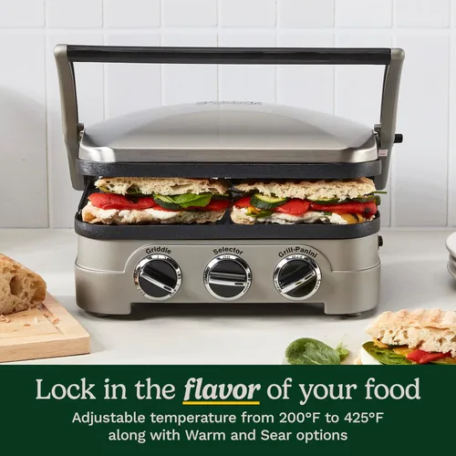 Miniatura 5 de Cuisinart Griddler - Parrilla de interior, prensa panini, sandwichera y más, parrilla 5 en 1, platos de cocina antiadherentes aptos
