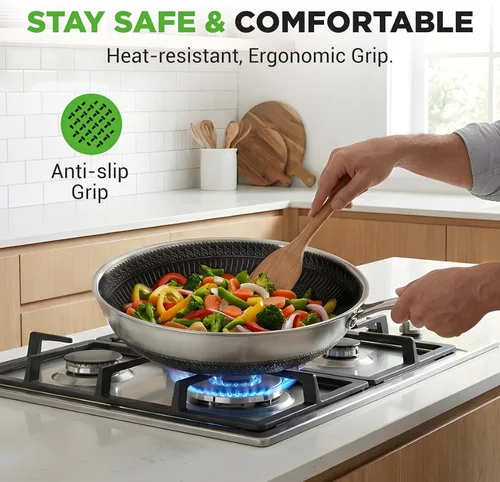 Miniatura 6 de NutriChef Wok de acero inoxidable de 12" - Listo para inducción, tecnología antiadherente de triple capa, patrón texturizado de panal de fuego