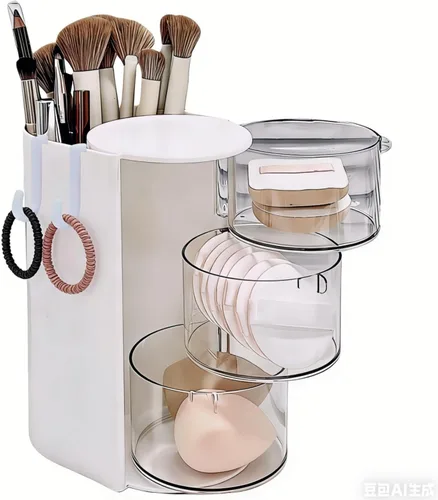 Miniatura 7 de Organizador de accesorios para el cabello con soporte para cepillo de pelo, organizador giratorio de 3 cajones para brochas de maquillaje, pinzas
