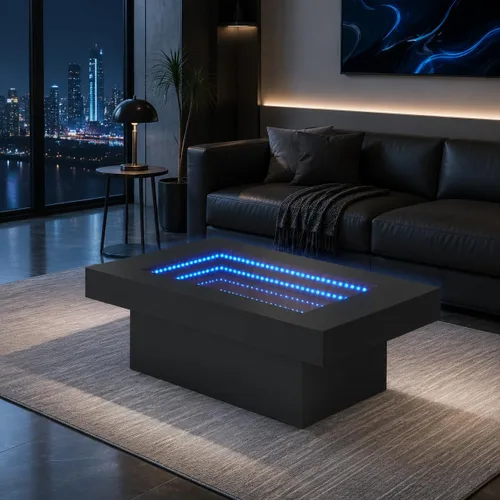 Miniatura 14 de FKWin Mesas de centro modernas negras – Mesa de centro cuadrada con espejo de profundidad infinita con luces LED, mesa negra para sala de estar