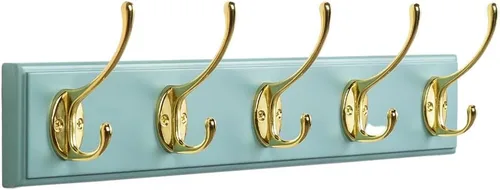Perchero de bambú para montaje en pared, 17 pulgadas, 5 ganchos dobles, azul y dorado Natural