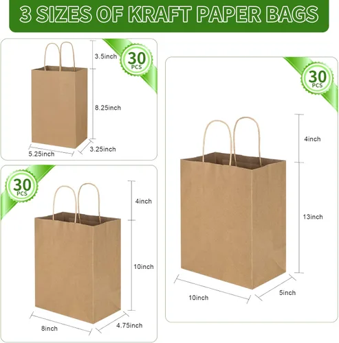 Miniatura 6 de Toovip - Paquete de 90 bolsas de papel kraft marrón con asas, tamaños múltiples de 3 surtidos, bolsas de regalo para recuerdos, compras, fiestas