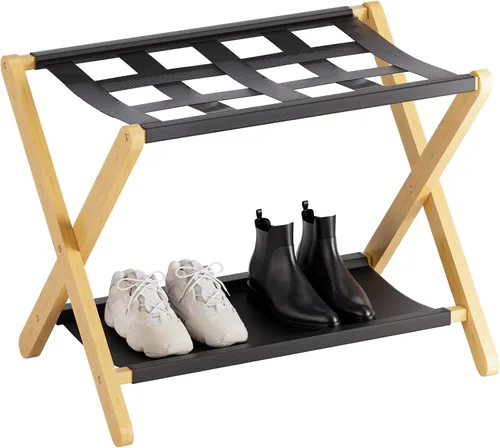 Miniatura 9 de HITNET Portaequipajes para habitación de invitados, soporte de maleta plegable, soporte de equipaje de hotel de bambú con estante de almacenamiento