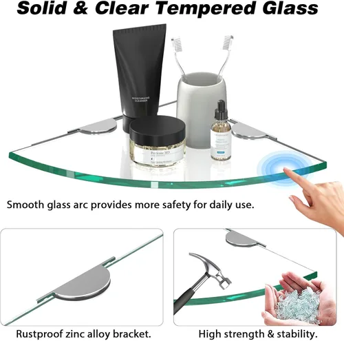 Miniatura 6 de Organizador de ducha de cristal esquinero, paquete de 2 estantes de vidrio templado de 0.315 in de grosor, sin perforaciones, montaje en pared