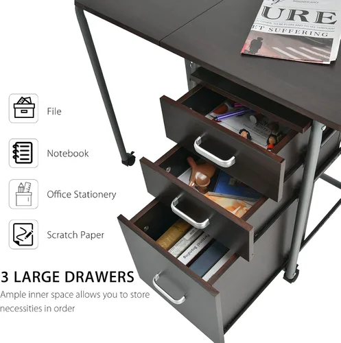 Miniatura 9 de Tangkula Escritorio plegable para computadora con 3 cajones de almacenamiento, escritorio de oficina en casa móvil, escritorio de estudio con ruedas