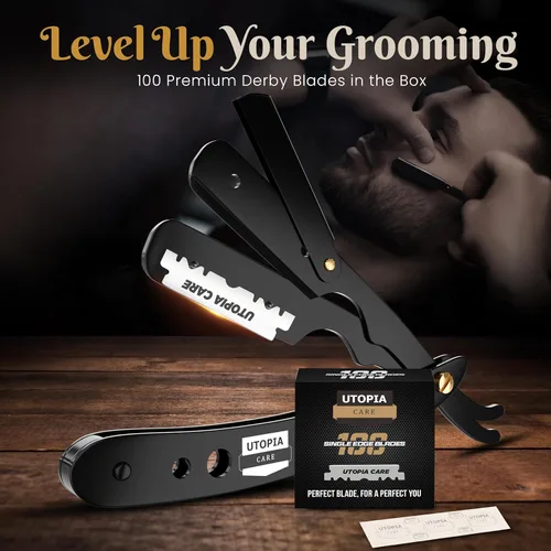 Miniatura 6 de Utopia Care Maquinilla de afeitar recta profesional para hombres, peluquero de borde recto de seguridad con 100 cuchillas, color negro