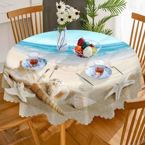 Miniatura 3 de AOYEGO Mantel redondo de 60 pulgadas con diseño de concha de playa tropical oceánica, estrella de mar, cielo arena, mantel de poliéster para Conchas