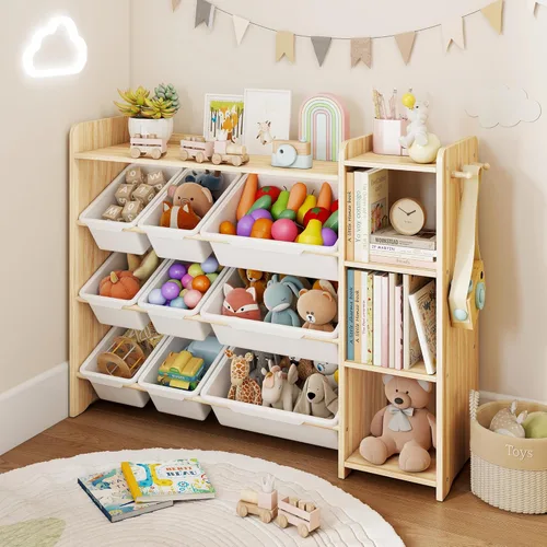 DOREROOM Organizador de almacenamiento de juguetes con estantería, almacenamiento de juguetes para niños y organizadores con 3 estantes, 9