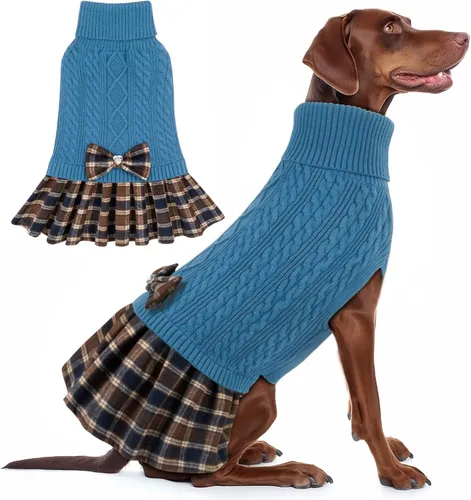 Miniatura 13 de KYEESE Suéter de punto grueso para perro, vestido de suéter para mascotas con corbatín, abrigos elásticos para mascotas, suéter suave para perros