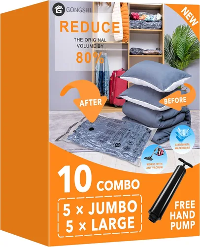 Miniatura 16 de 10 paquetes de bolsas de almacenamiento al vacío (5 x grandes, 5 x medianas), bolsas compresoras selladoras ahorradoras de espacio con bomba de mano