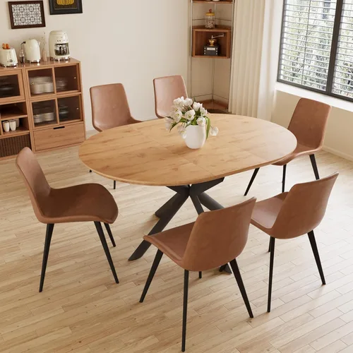 Miniatura 13 de HIPIHOM - Mesa de comedor redonda extensible de 43.2"-59.1", mesa redonda moderna de madera de mediados de siglo, mesa de café de roble para ocio