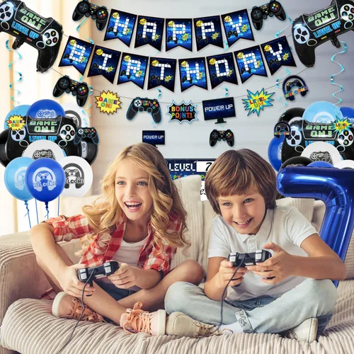 Miniatura 2 de Decoraciones de fiesta de videojuegos – Decoraciones de 7º cumpleaños para niños, pancarta de feliz cumpleaños, globos de videojuegos, globos azules